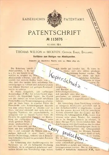 Original Patent - Thomas Wilton in Beckton , Essex , 1899 , Cleaning of alkali cyanides , chemistry , London !!!