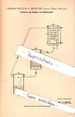 Original Patent - Thomas Wilton in Beckton , Essex , 1899 , Cleaning of alkali cyanides , chemistry , London !!!