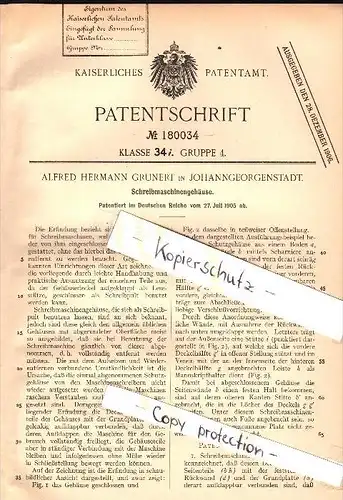 Original Patent - Alfred Hermann Grunert in Johanngeorgenstadt , 1905 , Gehäuse für Schreibmaschine !!!