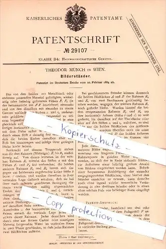 Original Patent - Theodor Münch in Wien , 1884 , Bilderständer , Maler , Bildhauer !!!