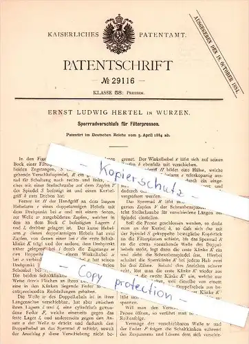Original Patent   - Ernst Ludwig Hertel in Wurzen , 1884 , Sperrradverschluß für Filterpressen !!!