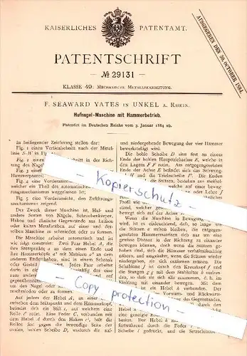 Original Patent   - F. Seaward Yates in Unkel a. Rhein , 1884 , Hufnagel-Maschine  !!!