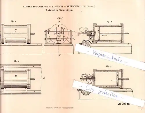 Original Patent   - R. Hascher und W. B. Müller in Netzschkau i. V. , Sachsen , 1884 , Pulverkraftmaschine !!!