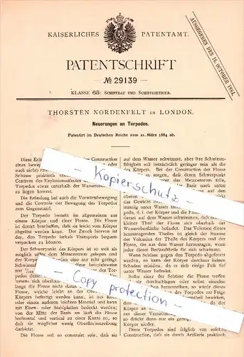 Original Patent - Thorsten Nordenfelt in London , 1884 , Innovations in torpedoes , torpedo !!!