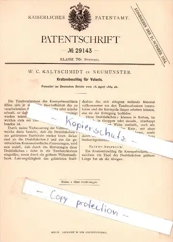 Original Patent   - W. C. Kaltschmidt in Neumünster , 1884 , Kratzenbeschlag für Volants !!!