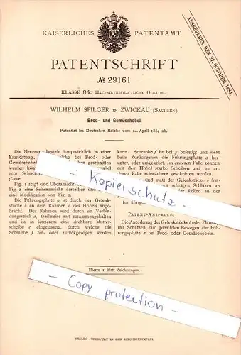Original Patent   - Wilhelm Spilger in Zwickau , Sachsen , 1884 , Brod- und Gemüsehobel !!!