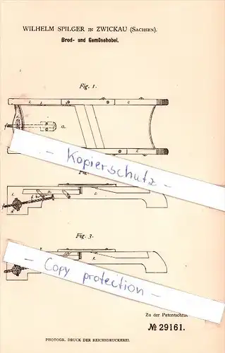 Original Patent   - Wilhelm Spilger in Zwickau , Sachsen , 1884 , Brod- und Gemüsehobel !!!