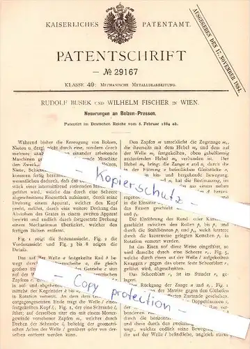 Original Patent   - R. Busek und W. Fischer in Wien , 1884 , Neuerungen an Bolzen-Pressen !!!