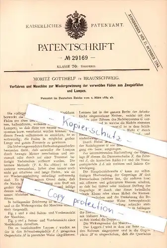 Original Patent   - Moritz Gotthelf in Braunschweig , 1884 , Wiedergewinnung der verwebten Fäden !!!