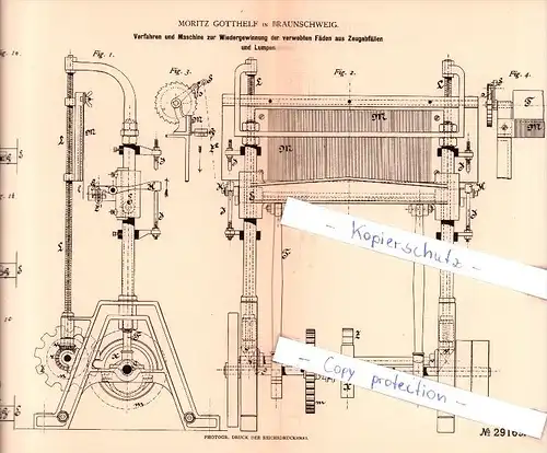 Original Patent   - Moritz Gotthelf in Braunschweig , 1884 , Wiedergewinnung der verwebten Fäden !!!