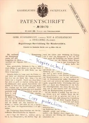 Original Patent - May & Stahlknecht in Stollberg , Sachsen , 1884 , Regulierung für Strickerei !!!