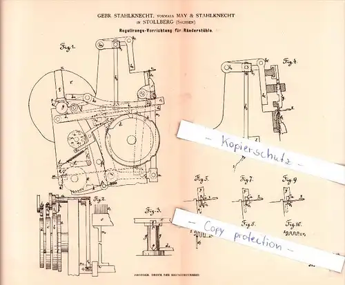 Original Patent - May & Stahlknecht in Stollberg , Sachsen , 1884 , Regulierung für Strickerei !!!