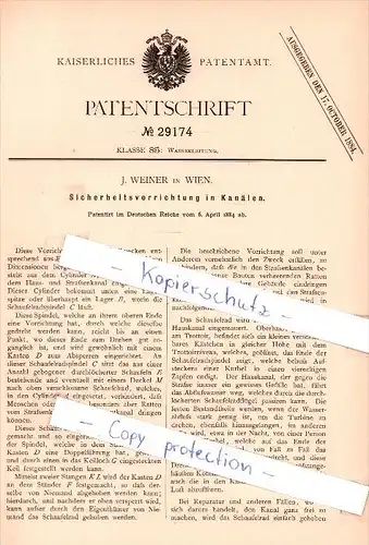 Original Patent   - J. Weiner in Wien , 1884 ,Sicherheitsvorrichtung in Kanälen !!!