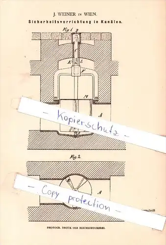 Original Patent   - J. Weiner in Wien , 1884 ,Sicherheitsvorrichtung in Kanälen !!!