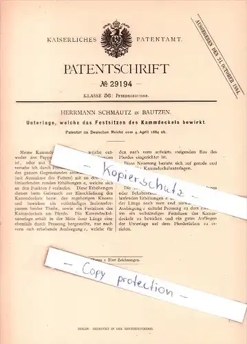 Original Patent   - Herrmann Schmautz in Bautzen , 1884 , Pferdegeschirr !!!