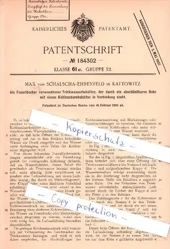 Original Patent   - Max von Schalscha-Ehrenfeld in Kattowitz , 1906 , Trinkwasserbehälter !!!