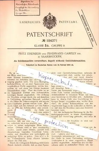 Original Patent - F. Eisenbeis und F. Garelly in Saarbrücken , 1904 , Gesteinbohrmaschine !!!