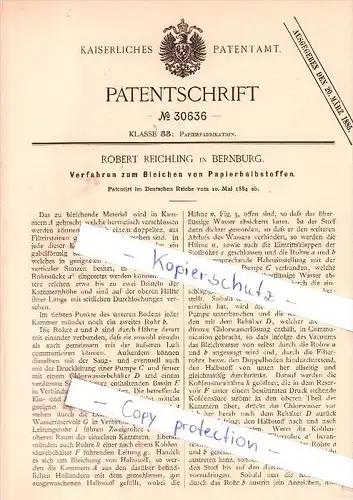Original Patent - Robert Reichling in Bernburg , 1884 , Bleichen von Papier !!!