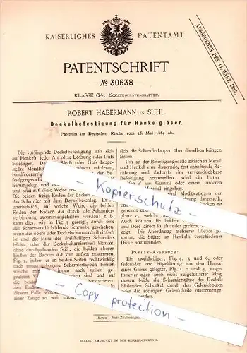 Original Patent   - Robert Habermann in Suhl , 1884 , Deckelbefestigung für Henkelgläser !!!