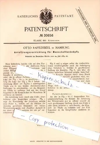Original Patent   - Otto Rafflenbeul in Hamburg , 1884 , Arretirungsvorrichtung für Manschettenknöpfe !!!