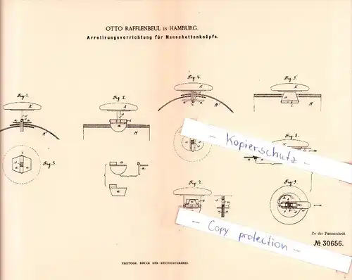 Original Patent   - Otto Rafflenbeul in Hamburg , 1884 , Arretirungsvorrichtung für Manschettenknöpfe !!!