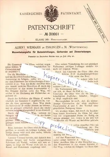 Original Patent   - A. Widmann in Esslingen a. N. , Württemberg , 1884 , Wasserheizungsofen !!!