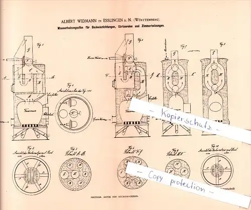 Original Patent   - A. Widmann in Esslingen a. N. , Württemberg , 1884 , Wasserheizungsofen !!!