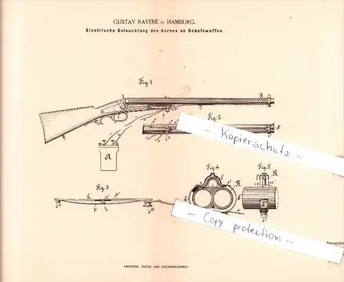 Original Patent  - Gustav Ravene in Hamburg , 1884 , Korn-Beleuchtung für Schußwaffen , Gewehr !!!
