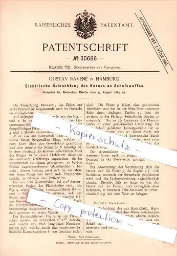 Original Patent  - Gustav Ravene in Hamburg , 1884 , Korn-Beleuchtung für Schußwaffen , Gewehr !!!