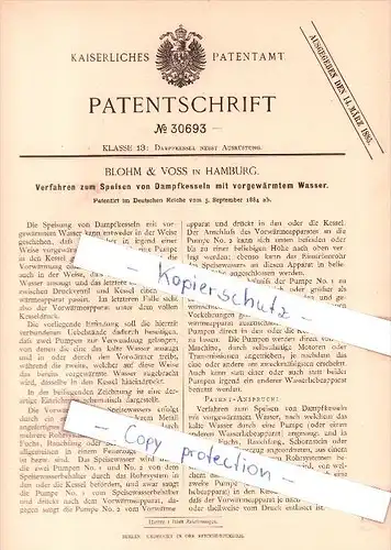 Original Patent   - Blohm & Voss in Hamburg , 1884 , Speisen von Dampfkesseln mit Wasser !!!
