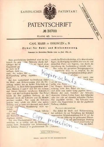 Original Patent   - Carl Mahr in Esslingen a. N. , 1884 , Zirkel für Hohl- und Dickenmessung !!!