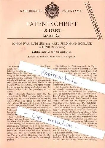 Original Patent   - J. I. Rudelius und A. F. Boklund in Lund , Schweden , 1902 , Ablaßregulator  !!!