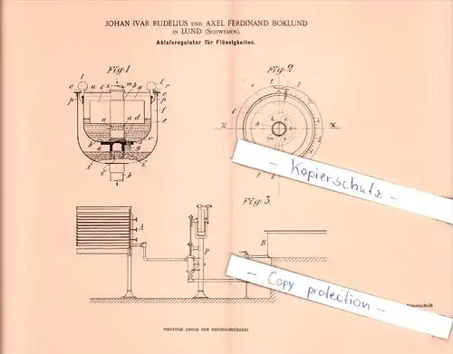 Original Patent   - J. I. Rudelius und A. F. Boklund in Lund , Schweden , 1902 , Ablaßregulator  !!!