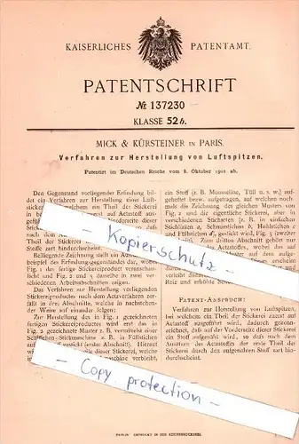 Original Patent  - Mick & Kürsteiner à Paris , 1901 , la production de la broderie sur le plafond !!!