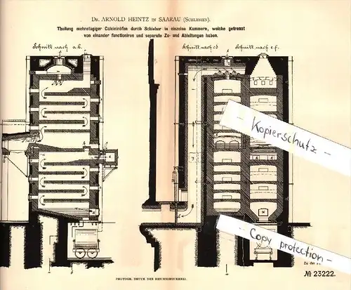 Original Patent - Dr. Arnold Heintz in Saarau / Zarów i. Schlesien , 1882 , Teilung von Calciniröfen duch Schieber !!!