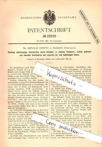 Original Patent - Dr. Arnold Heintz in Saarau / Zarów i. Schlesien , 1882 , Teilung von Calciniröfen duch Schieber !!!