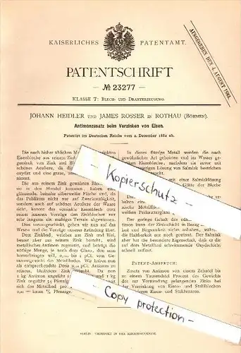 Original Patent - Johann Heidler und James Rosser in Rothau / Rotava , Böhmen , 1882 , Verzinken von Eisen !!!