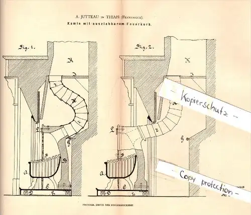 Original Patent - A. Jutteau à Thiais , 1882 , Cheminée avec rétractable panier de feu !!!