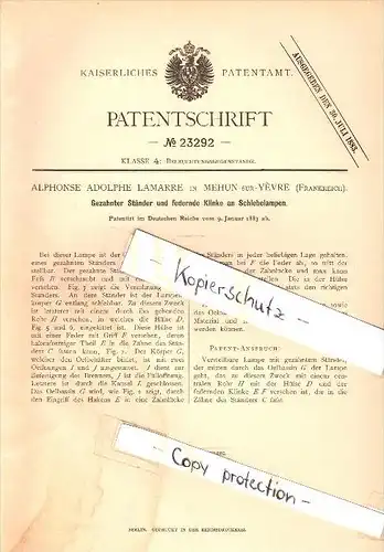Original Patent - Alphonse Lamarre à  Mehun-sur-Yevre , 1883 , Stands pour les lampes coulissant !!!
