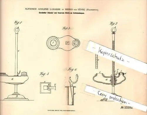 Original Patent - Alphonse Lamarre à  Mehun-sur-Yevre , 1883 , Stands pour les lampes coulissant !!!