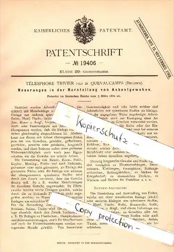 Original Patent  - Telesphore Trivier in Quevaucamps , Belgium , 1884 , Herstellung von Asbest  !!!