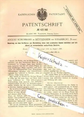 Original Patent -  August Schuhmann à Duttlenheim , 1887 , La gomme arabique, dextrine, de la chimie  !!!