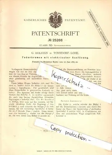 Original Patent - G. Holsten in Tonndorf - Lohe b. Hamburg , 1883 , elektrische Bremse für Eisenbahn !!!