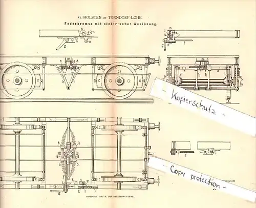 Original Patent - G. Holsten in Tonndorf - Lohe b. Hamburg , 1883 , elektrische Bremse für Eisenbahn !!!