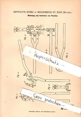 Original Patent - Hippolyte Soyez in Molenbeek-Saint-Jean , 1885 , Werkzeug zum Verkorken von Flaschen !!!