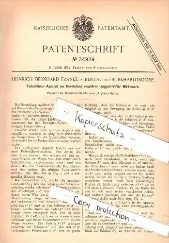 Original Patent - H.B. Franke in Kemtau b. Burkhardtsdorf , 1885 , Herstellung von Wirkware , Textilien !!!