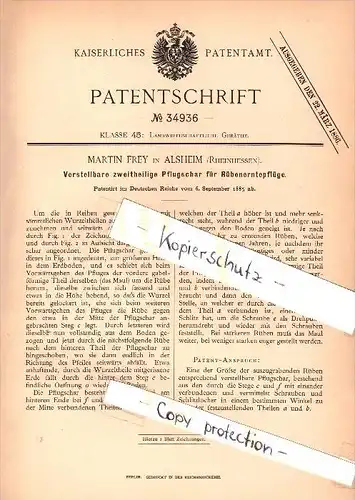 Original Patent - Martin Frey in Alsheim , Rheinhessen , 1885 , verstellbare Pflugschar , Pflug , Landwirtschaft  !!!