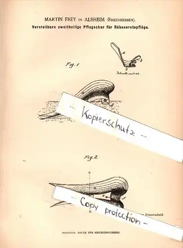 Original Patent - Martin Frey in Alsheim , Rheinhessen , 1885 , verstellbare Pflugschar , Pflug , Landwirtschaft  !!!