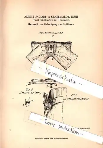 Original Patent - Albert Jacoby in Glasewald`s Ruhe , Wilschdorf b. Dresden , 1885 , Schlips - Befestigung , Krawatte !!