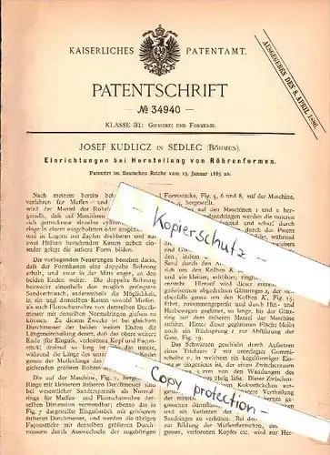 Original Patent - Josef Kudlicz in Sedlec b. Kuttenberg / Kutná Hora , 1885 , Herstellung von Röhren , Böhmen !!!